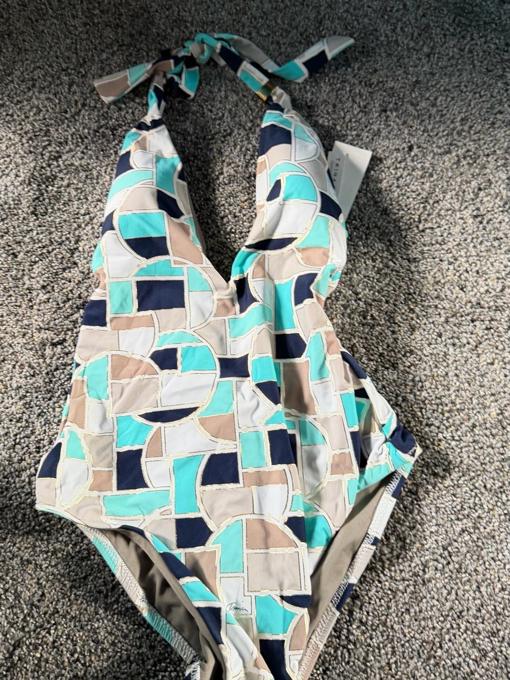 Trina Turk Aqua, Teal, Navy & Cream Geometric Halter One-Piece Swimsuit - Picture 5 of 6
